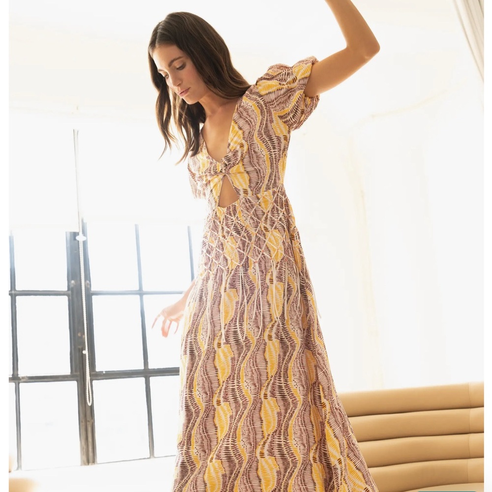 Anthropologie Ciebon Vibrant Yellow and Maroon Midi Dress Size XS Puff Sleeve